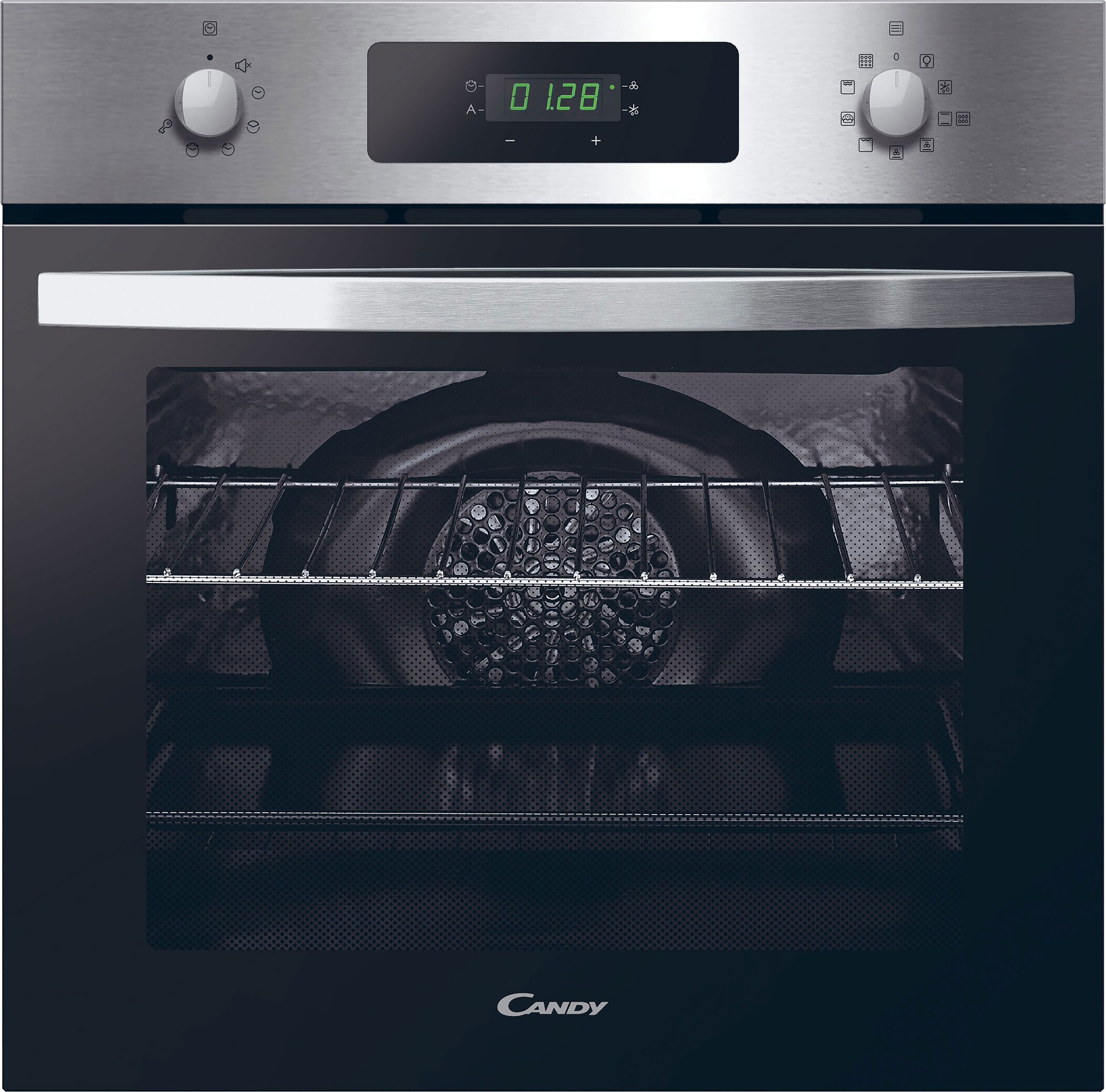 Candy FIDCX676 60cm multifunction oven features a sleek stainless steel finish, digital display, and a large 65L capacity with a glass door showcasing the interior.