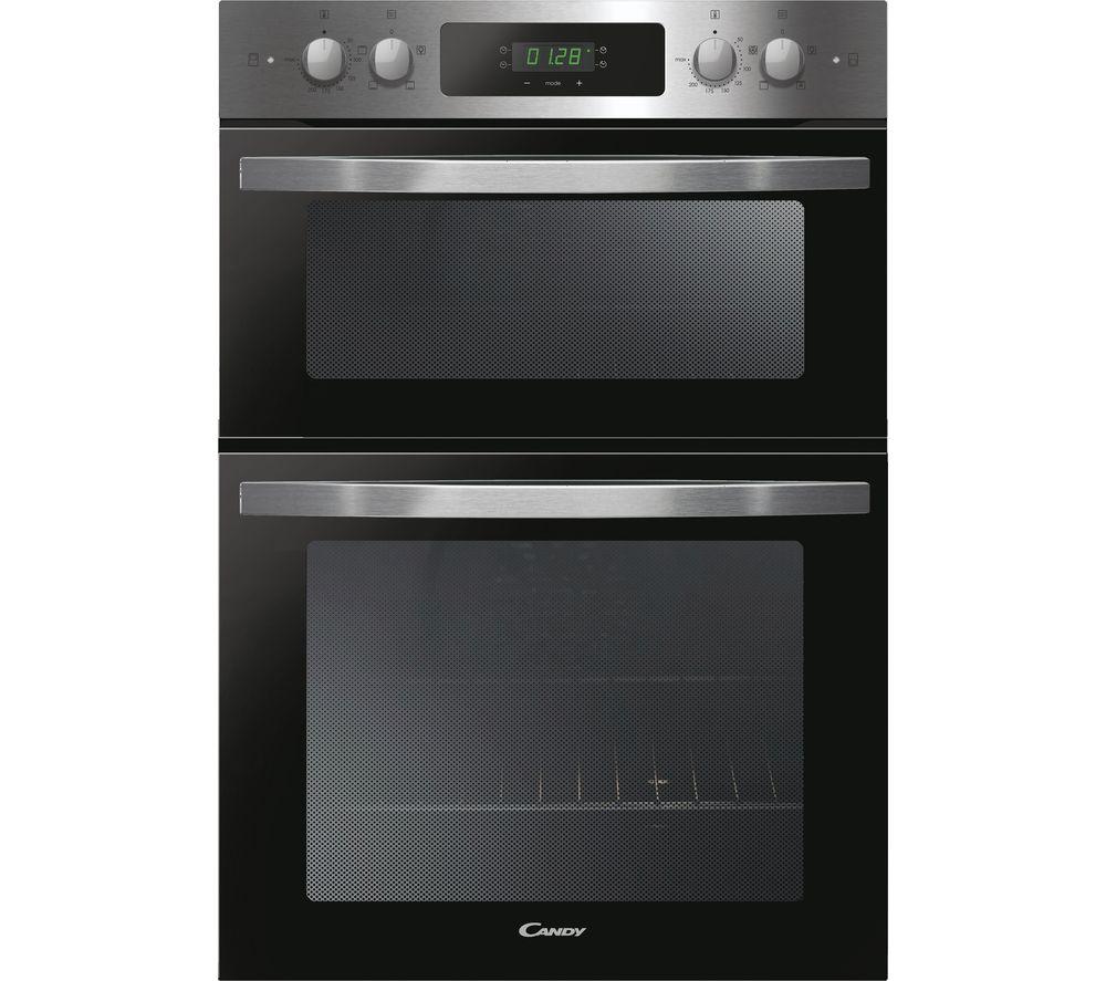 Double oven with a sleek black finish, stainless steel accents, digital display, and control knobs, featuring two glass doors with mesh patterns for visibility.