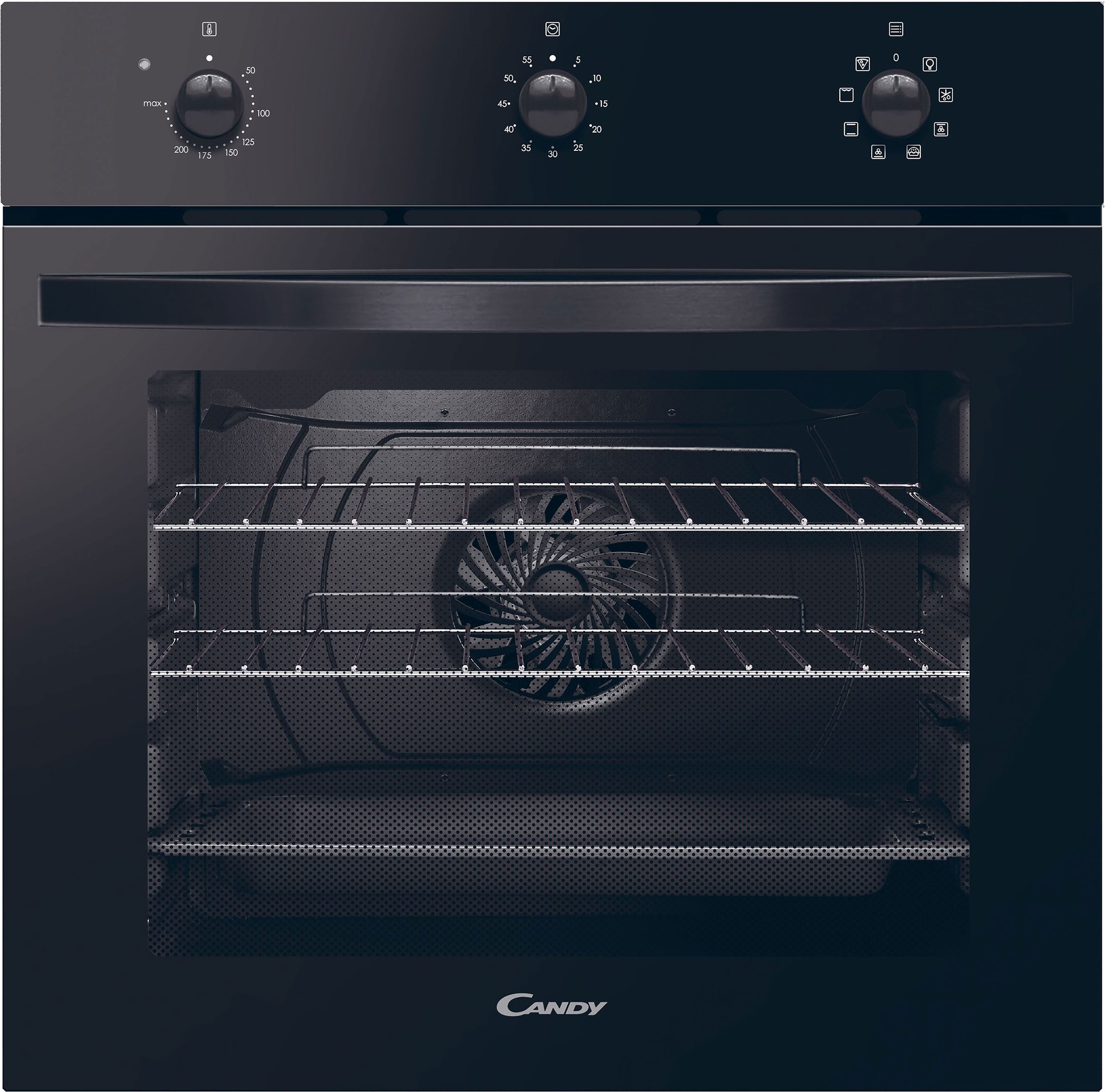 Black Candy FIDCN602 electric single oven featuring a glass door, stainless steel knobs, and a spacious interior with a fan and wire racks for cooking.