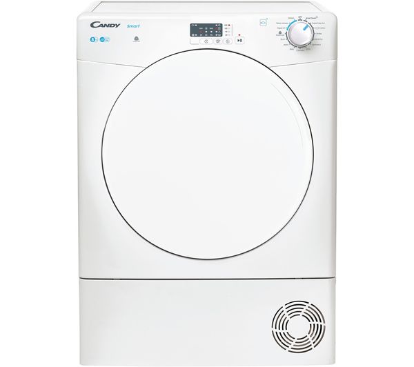 White Candy Smart tumble dryer with a circular door, control panel featuring buttons and a dial, and a vent at the bottom.
