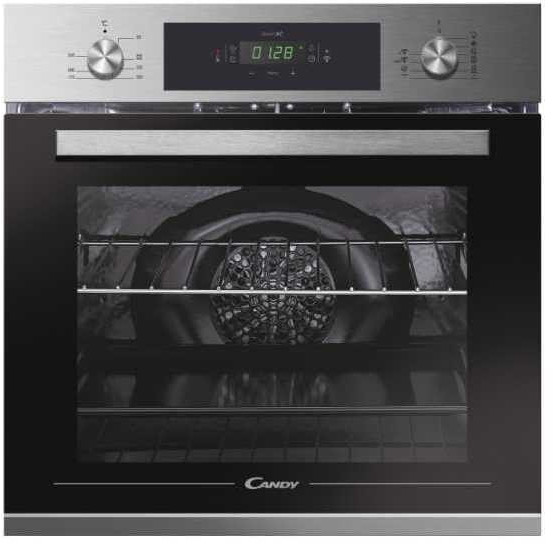 70L single oven in stainless steel with a sleek black front, featuring a digital display, control knobs, and a glass door showcasing the interior racks and fan.