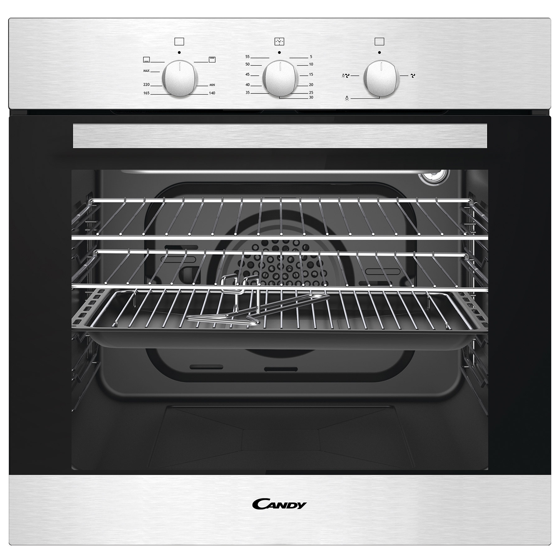Stainless steel Candy OVGF12X gas single oven with a 54L capacity, featuring three control knobs, a black interior, and two wire racks inside.