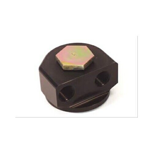 Billet aluminum remote oil filter adapter in black, featuring a 90-degree rotating design and a hexagonal top with a metallic finish, designed for LS1 engines.