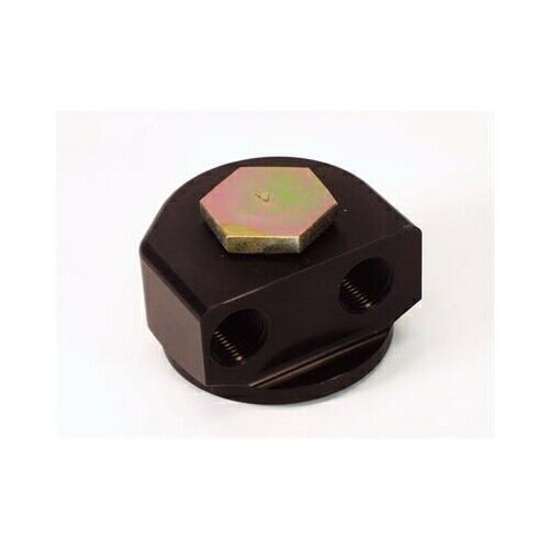 Black metal adapter with a hexagonal top and two threaded holes, featuring a shiny gold and green metallic finish on the hex head.