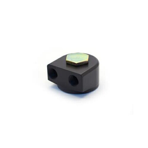 Canton 22-597 billet aluminum remote oil filter adapter in black, featuring a 20MM size and 90-degree rotating design, with two openings and a hexagonal bolt on top.