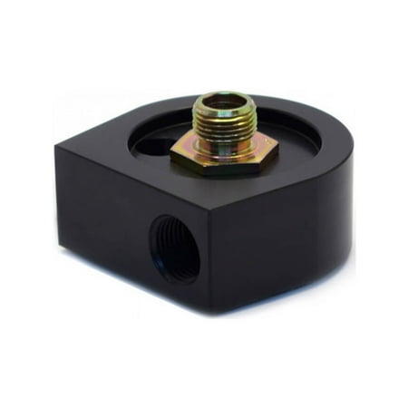 Black aluminum oil input adapter with a rounded shape, featuring a central brass fitting and a threaded hole, designed for universal sandwich style applications.