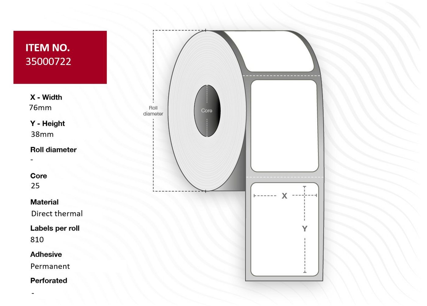 White thermal label roll with a width of 76mm and height of 38mm, featuring a core diameter of 25mm and 810 perforated labels per roll.