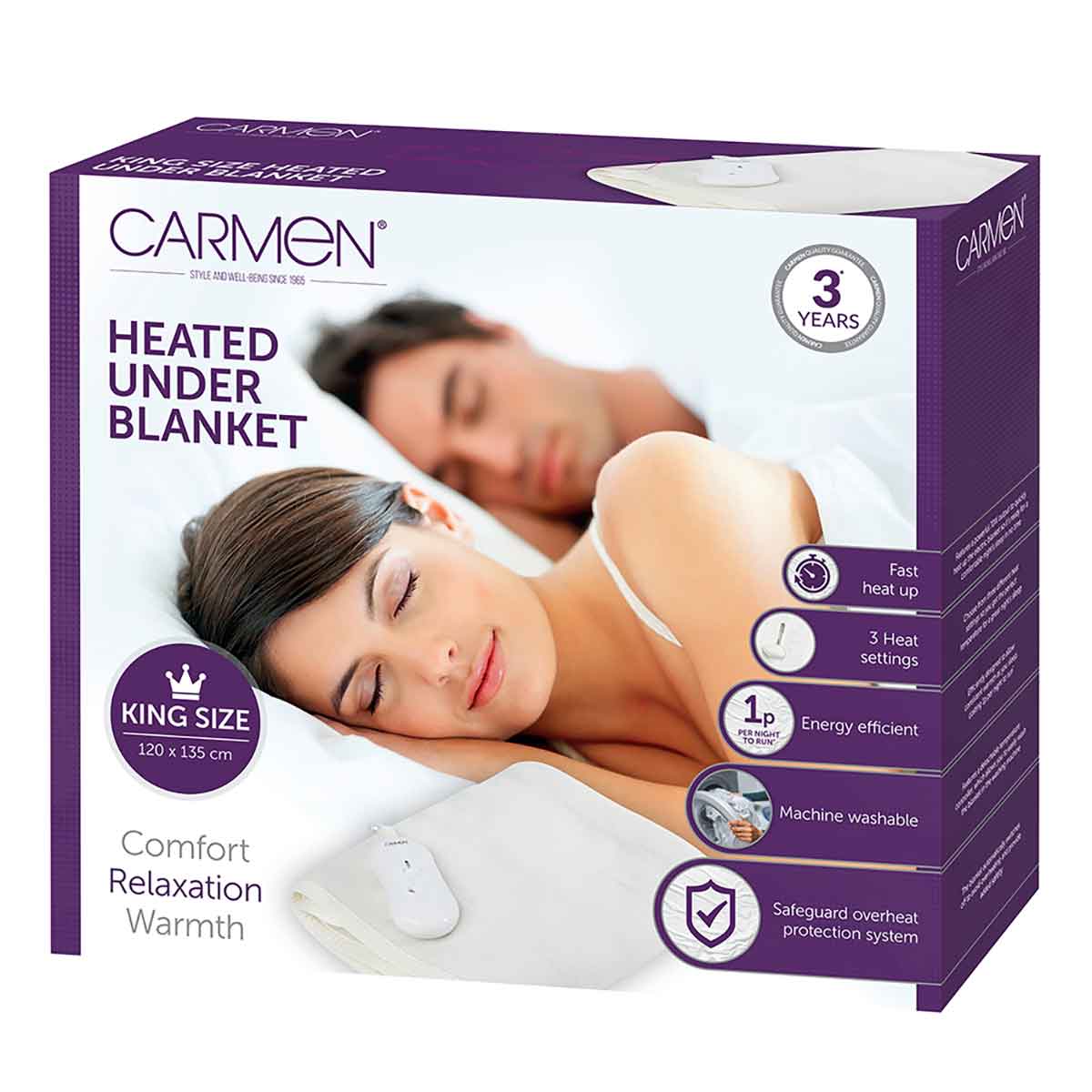 Carmen King Size Heated Under Blanket in white, featuring a control unit with three heat settings, energy-efficient design, and overheat protection, packaged in a colorful box.