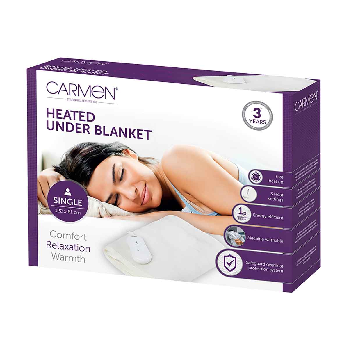 Carmen Single Heated Electric Under Blanket in white, featuring overheat protection, three heat settings, and machine washable material, packaged with a sleeping woman illustration.