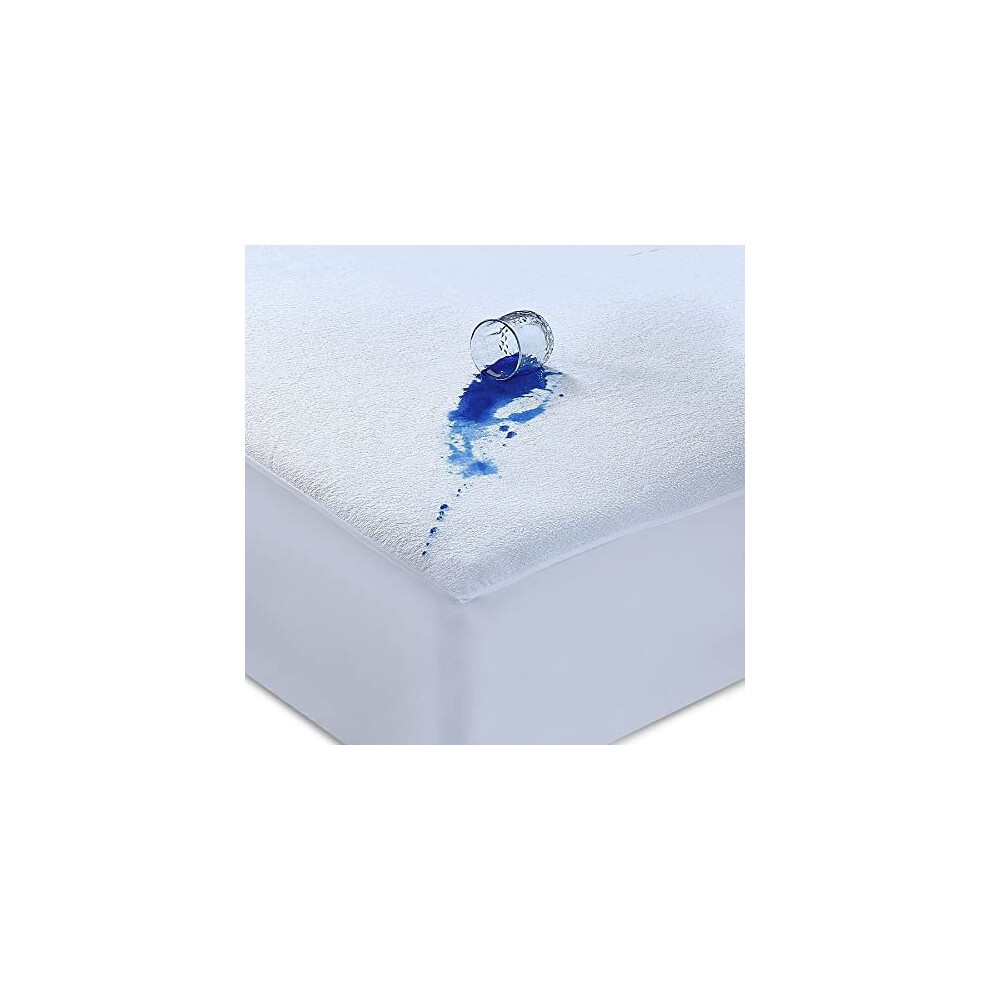 100% waterproof mattress protector with a terry towel top, featuring a moisture-wicking design, extra deep fit, and anti-allergy properties, shown with spilled liquid on its surface.