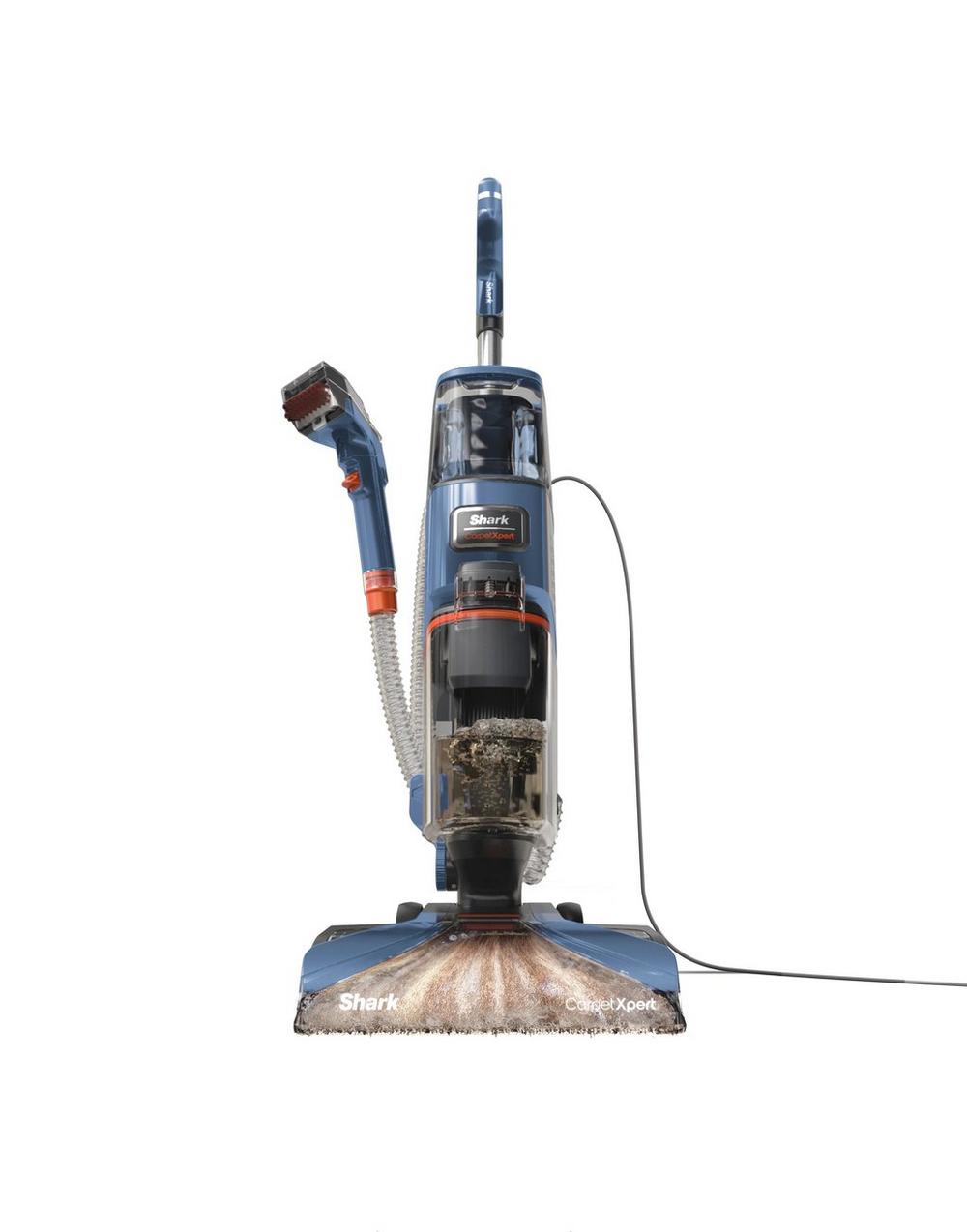 Shark EX150UK CarpetXpert Deep Carpet Cleaner in blue with orange accents, featuring a transparent water tank, cleaning head with bristles, and a long power cord.