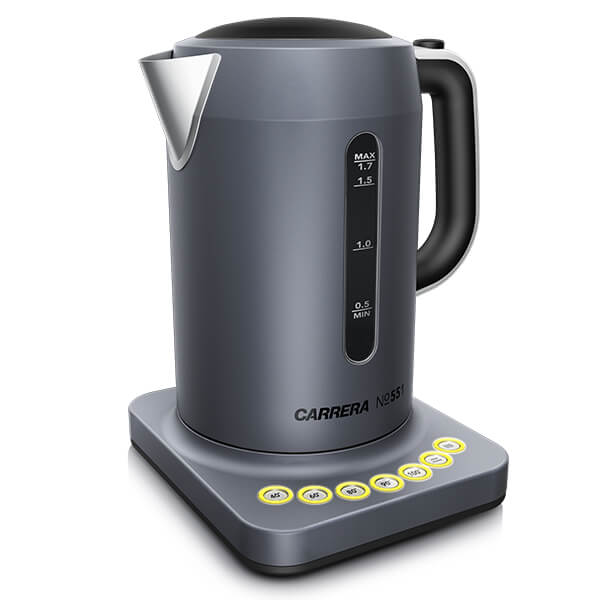 Gray electric kettle with a sleek design, featuring a black handle, a clear water level indicator, and a base with yellow control buttons for temperature settings.
