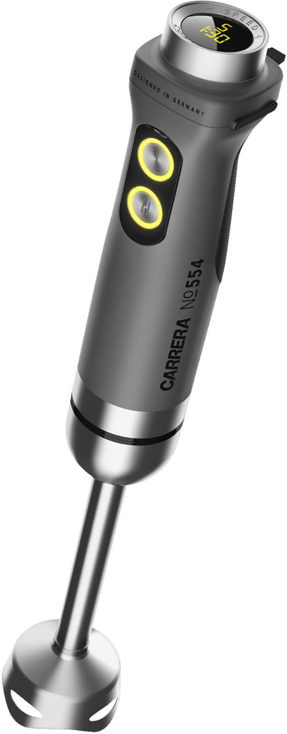 Gray and silver Carrera 554 Stick Blender featuring a sleek design, two control buttons, a digital display, and a stainless steel blending shaft.