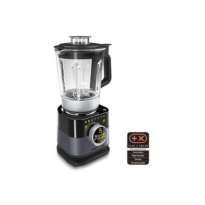 Black and stainless steel electric blender with a clear glass jug, 20000 RPM speed, digital display, and multiple settings for versatile blending.