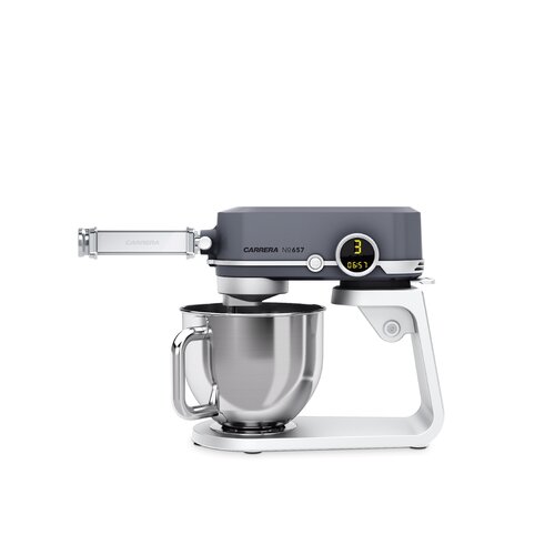 Carrera Pasta Roller Attachment in silver and gray, featuring a sleek design, metal construction, and a user-friendly control dial for easy pasta preparation.