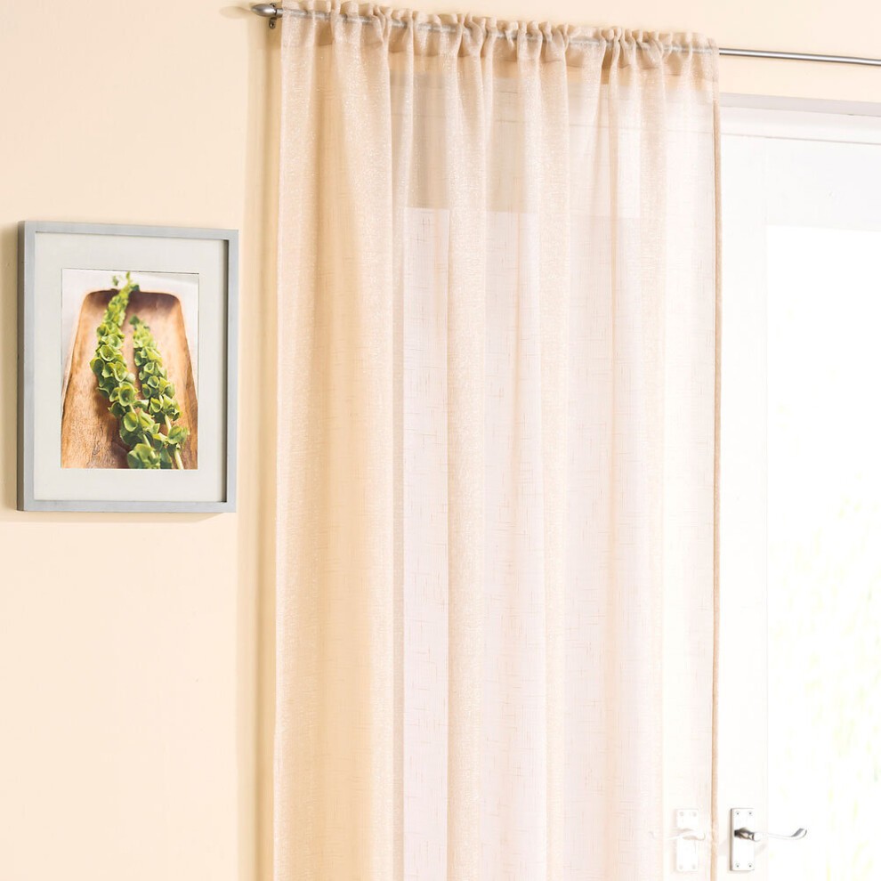 Sheer beige curtain with a textured pattern, hanging from a silver rod, alongside a framed picture of a plant on a light-colored wall.