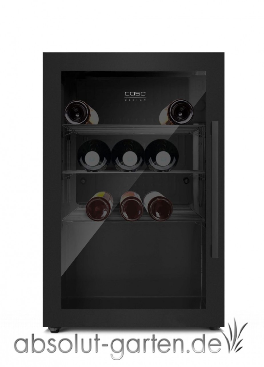 Black indoor and outdoor drinks cooler with a left hinge, featuring a glass door, two shelves, and space for six bottles, showcasing a sleek and modern design.