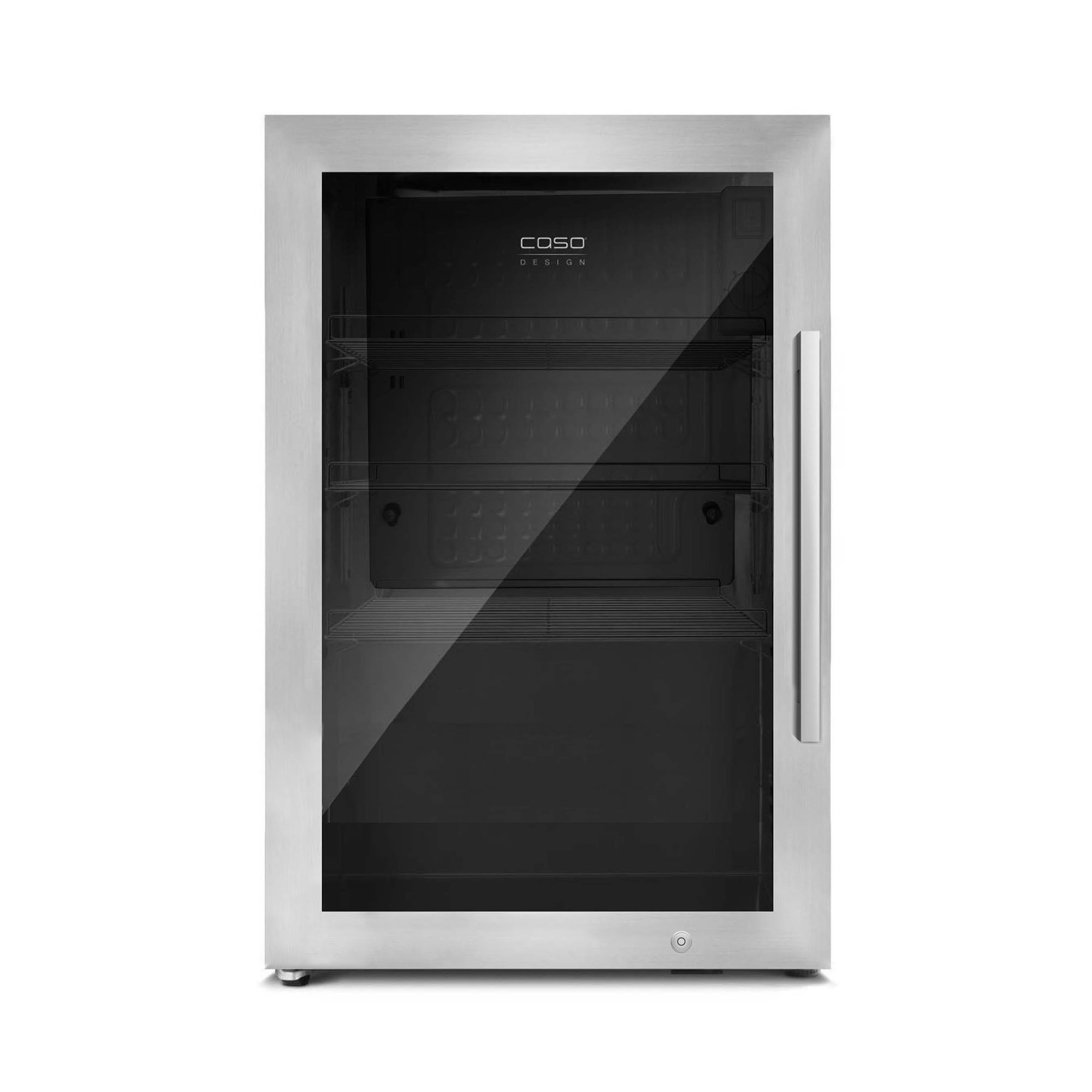 Stainless steel drinks cooler with a left hinge, featuring a glass door, sleek design, and adjustable shelves for indoor and outdoor use.