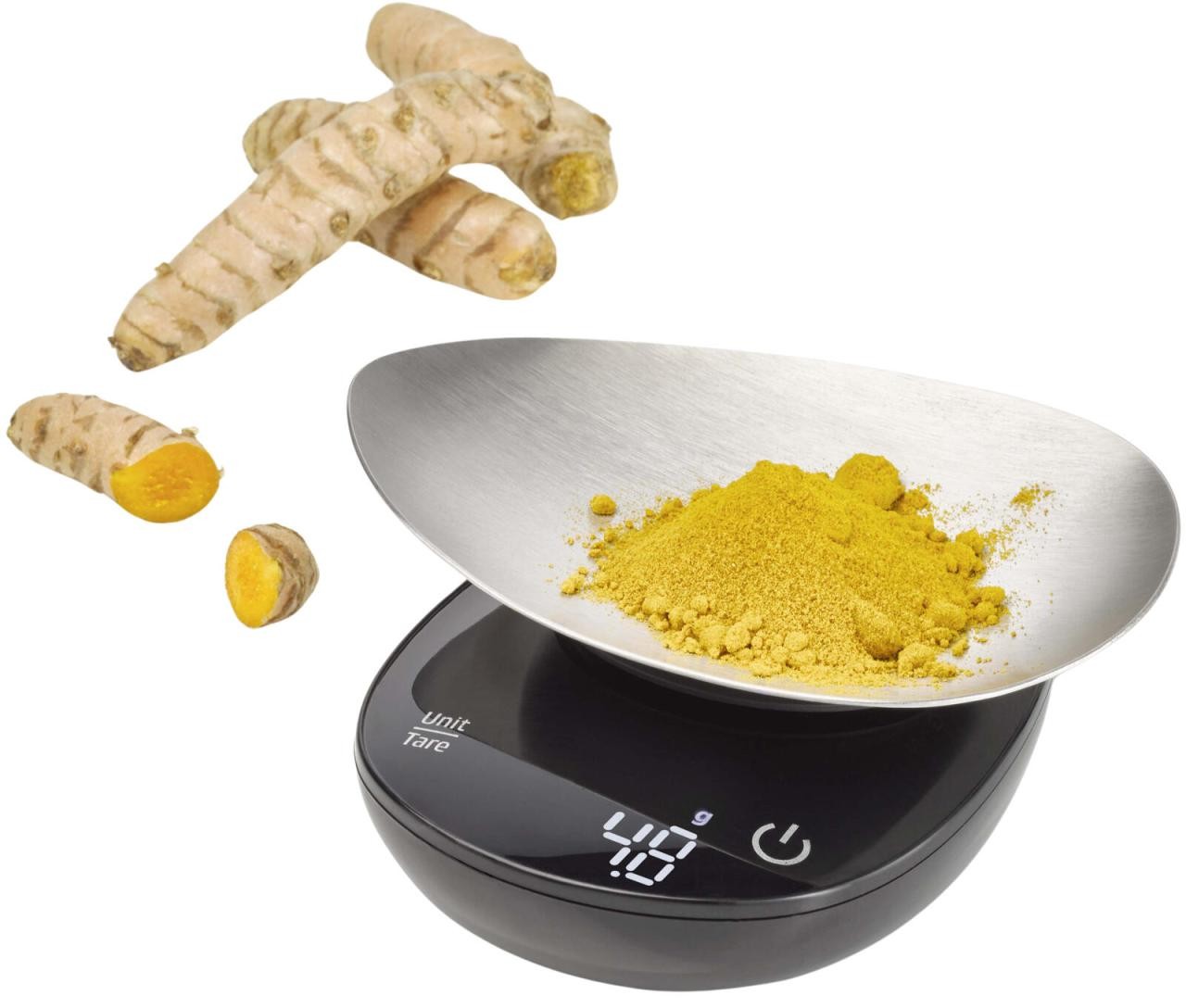 Black digital kitchen scale with a stainless steel bowl displaying yellow turmeric powder, accompanied by whole turmeric roots.