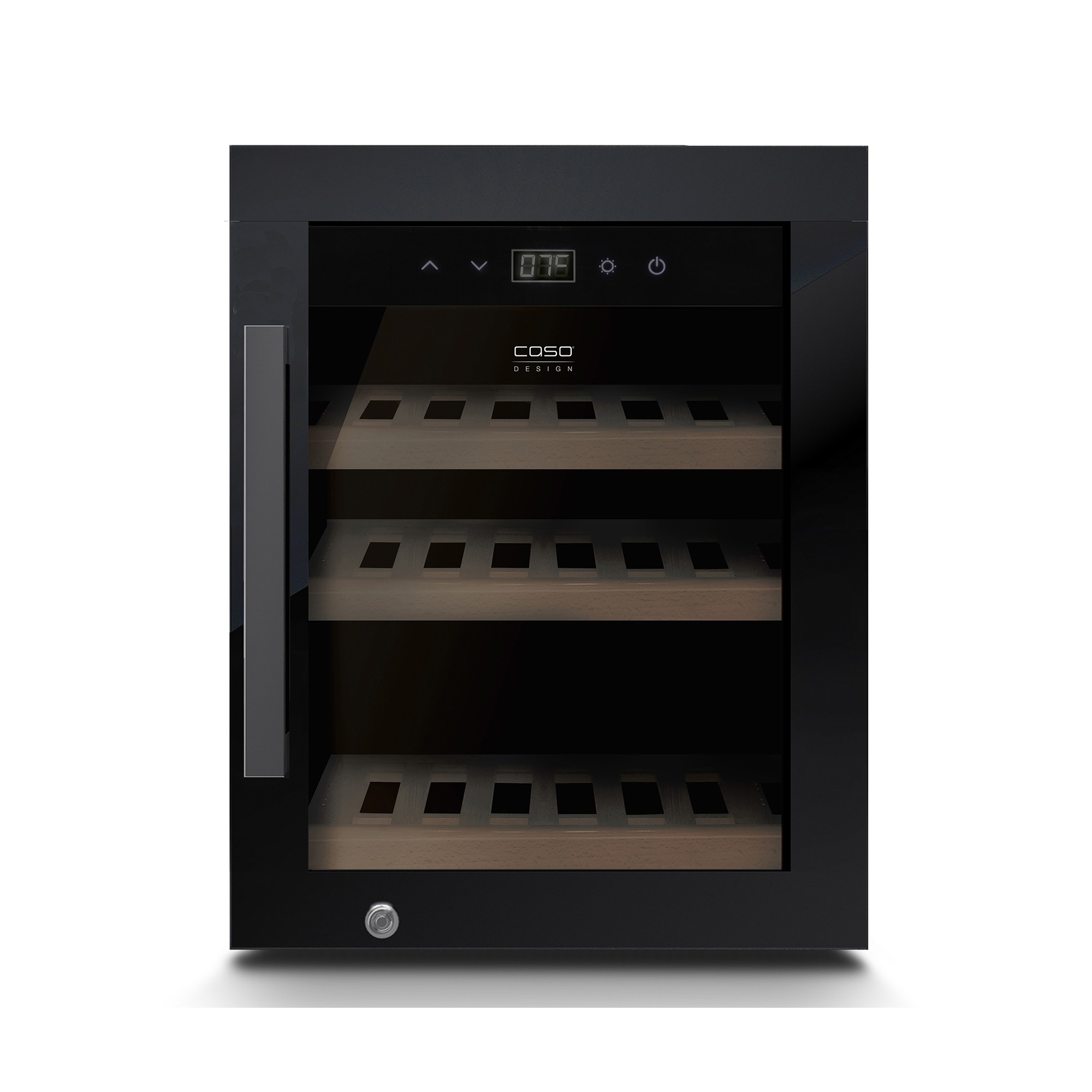 Sleek black wine cooler with a glass door, digital display, and wooden shelves, designed to hold up to 12 bottles, featuring touch controls and a modern aesthetic.
