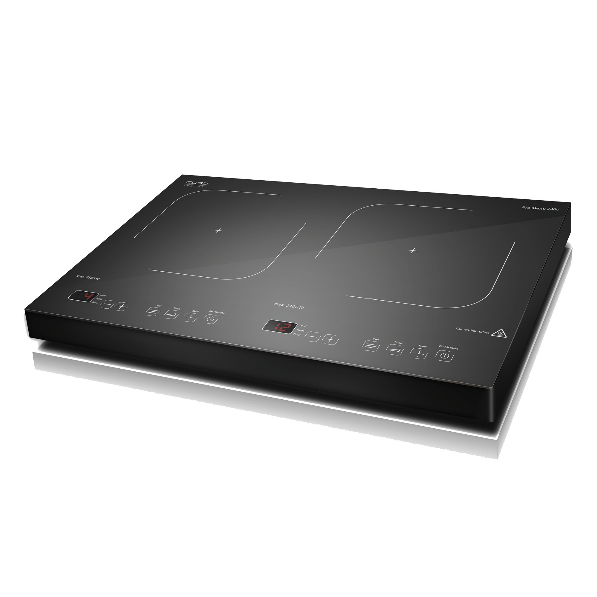 Sleek black double induction hob with a glass surface, featuring two cooking zones, touch controls, and a digital display for precise temperature settings.
