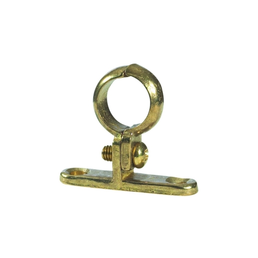 Cast brass pipe clip in a gold hue, featuring a circular holder for 15mm pipes, with a flat base and two screw holes for secure mounting.