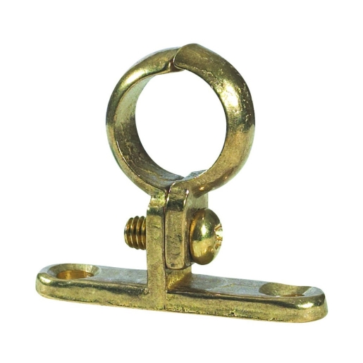 Cast brass pipe clip in a gold finish, featuring a circular holder, a screw for attachment, and a flat base with two holes for mounting.