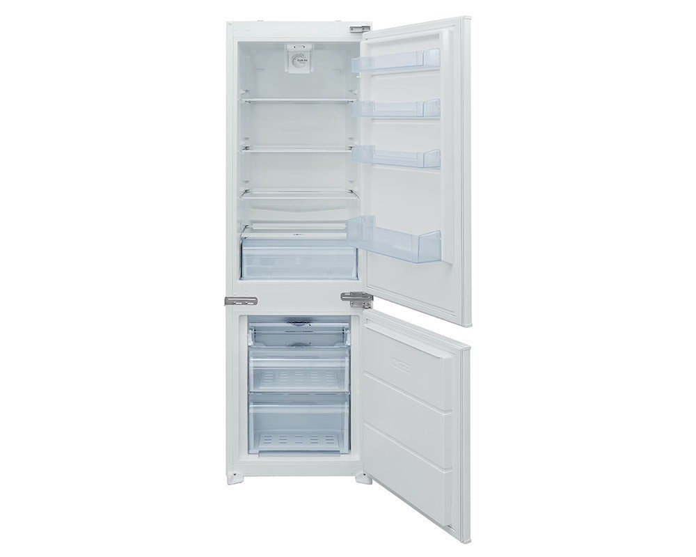 White frost-free built-in fridge freezer with a 70/30 split, featuring transparent shelves, a clear vegetable drawer, and adjustable door storage compartments.