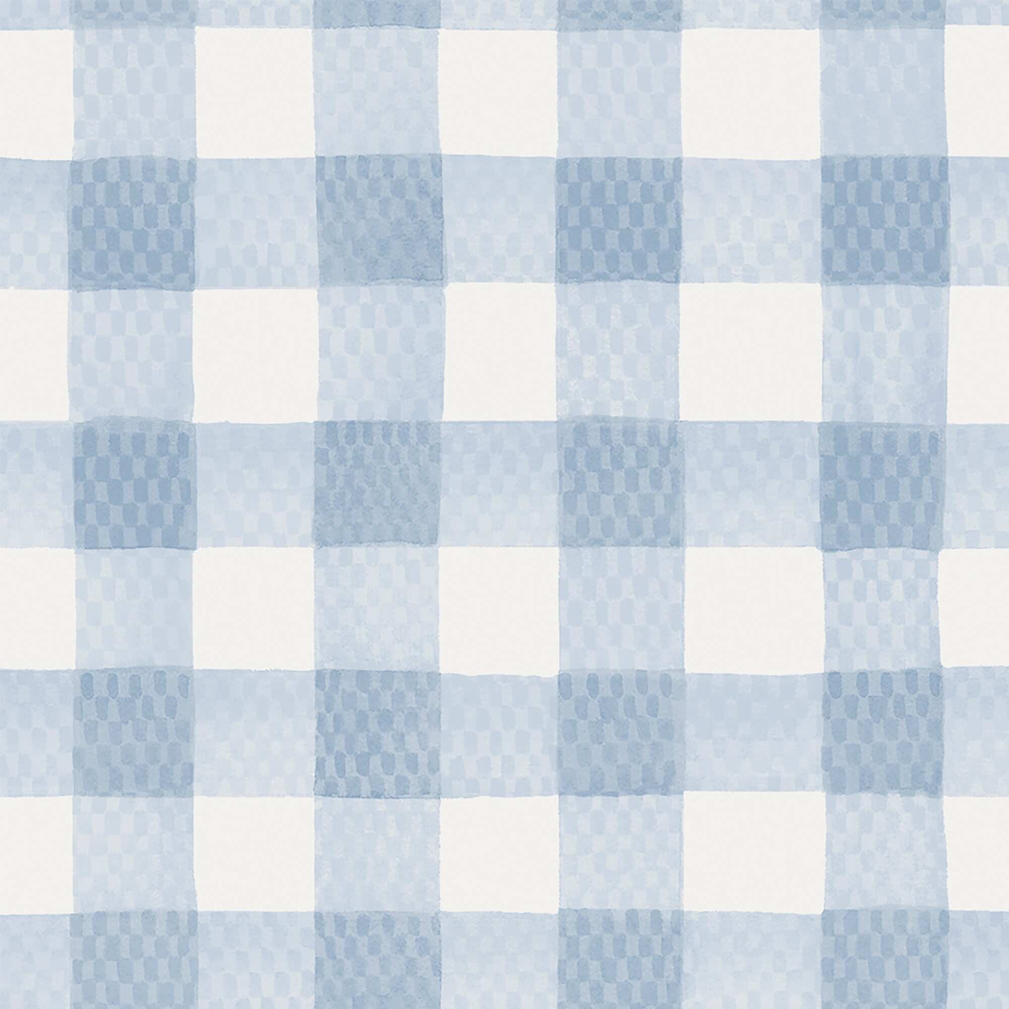 Light blue and white painted gingham pattern featuring alternating squares, with a textured, watercolor-like finish, showcasing a soft and inviting look.