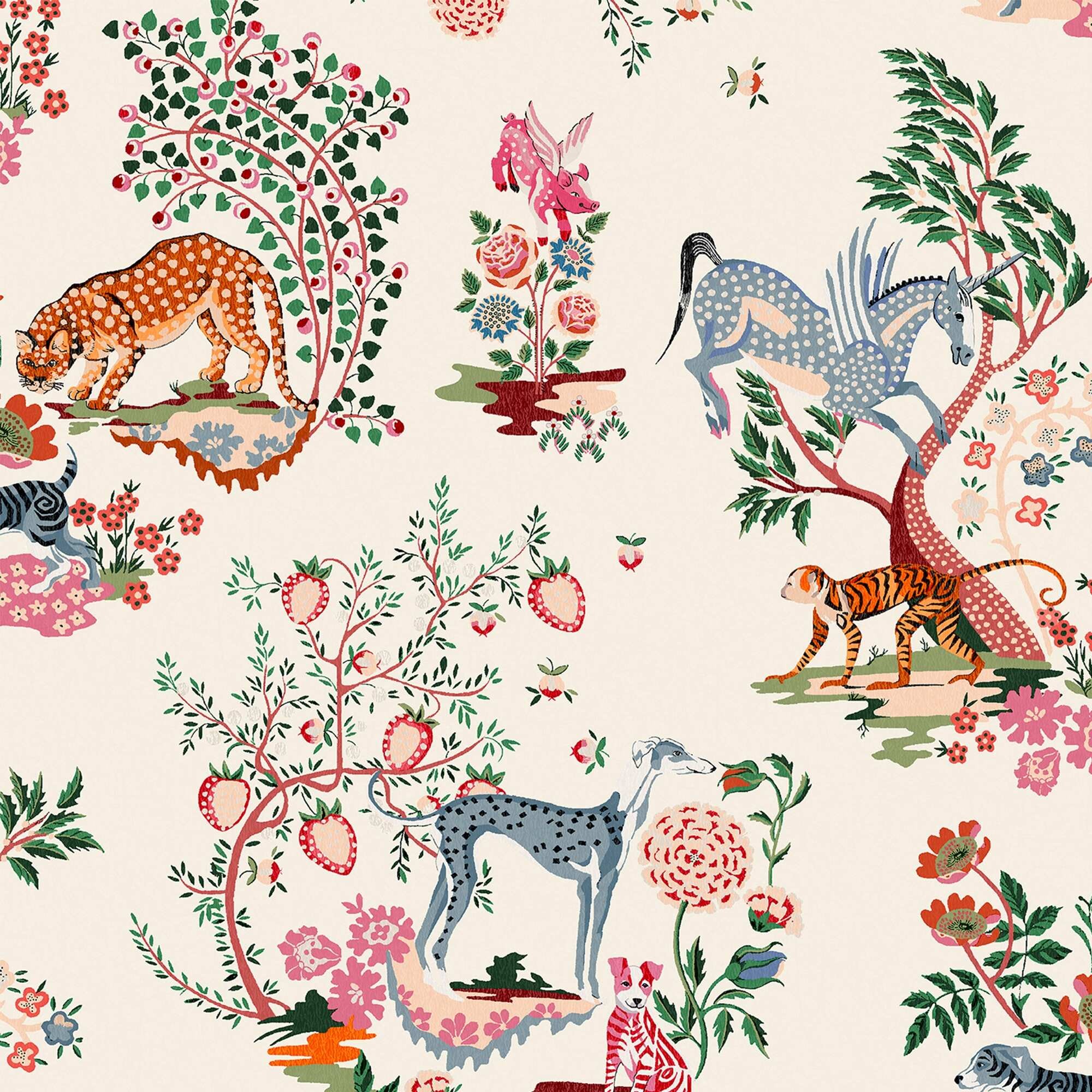 Whimsical wallpaper featuring a painted kingdom design with colorful animals like tigers and greyhounds, lush greenery, and floral motifs on a soft cream background.