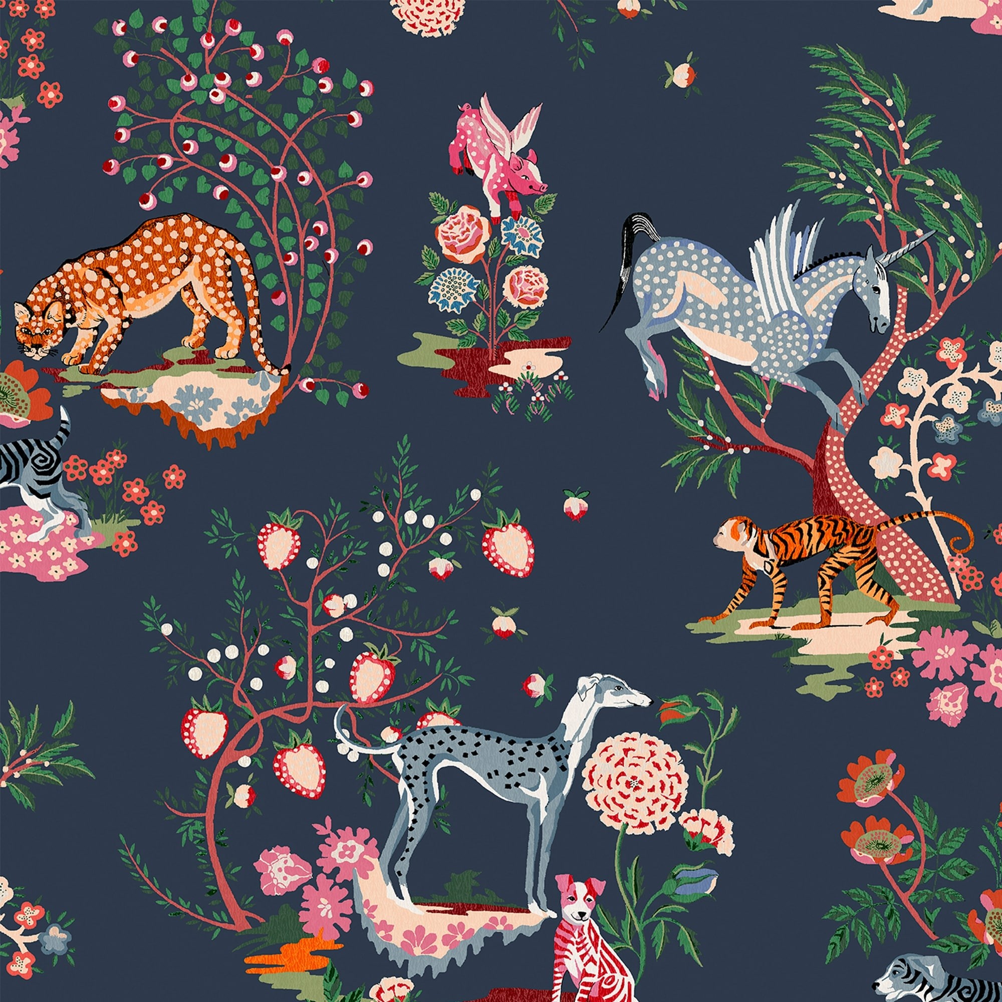 Navy blue fabric featuring a whimsical floral and animal pattern, including leopards, horses, and greyhounds, with vibrant pinks, greens, and reds.