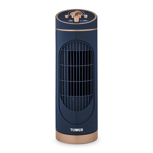 Cavaletto 14-inch mini tower fan in midnight blue with a sleek design, featuring a front grille, control knobs on top, and a gold base for a stylish look.