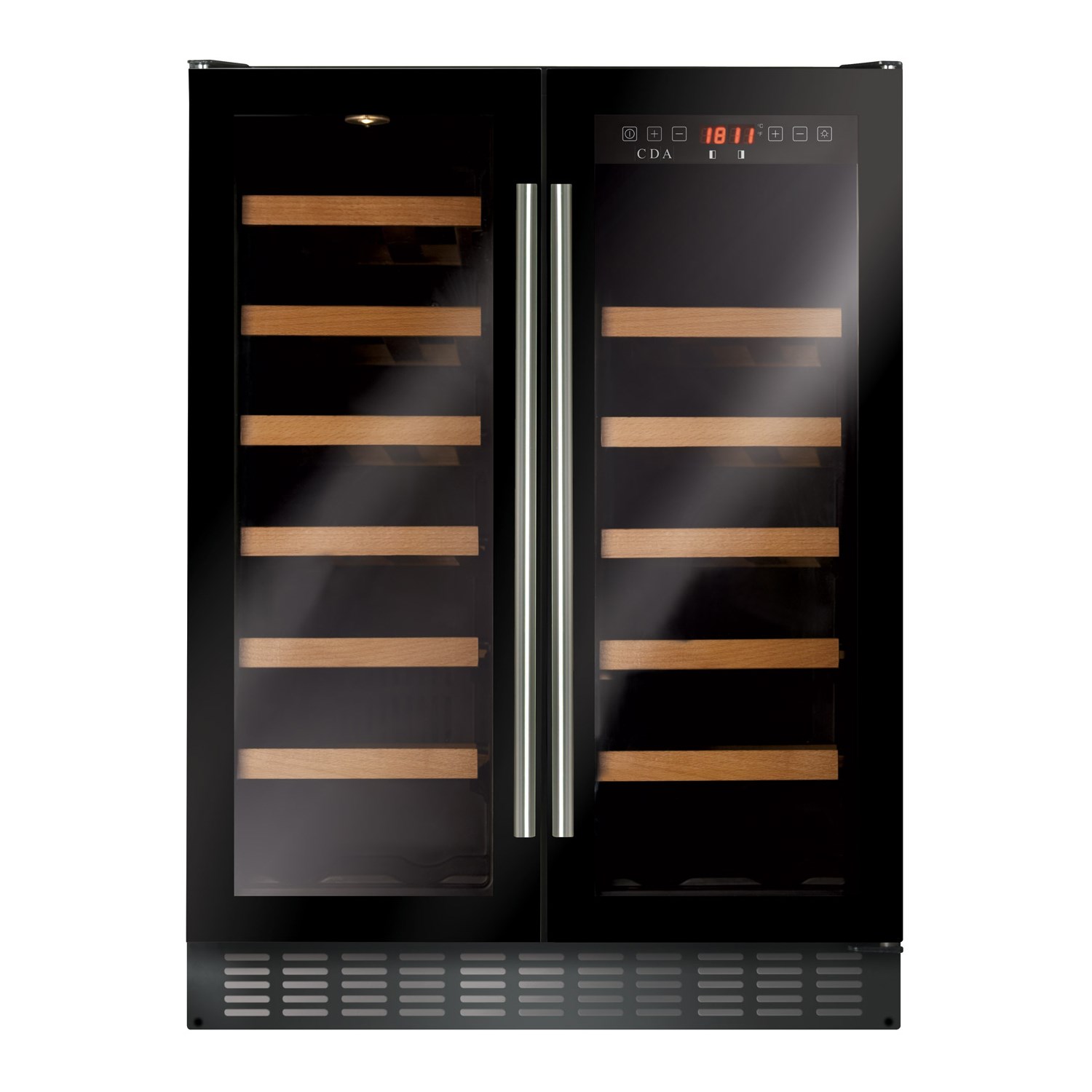 Black under-counter wine cooler with double doors, dual temperature zones, wooden shelves, and a digital display showing temperature settings.