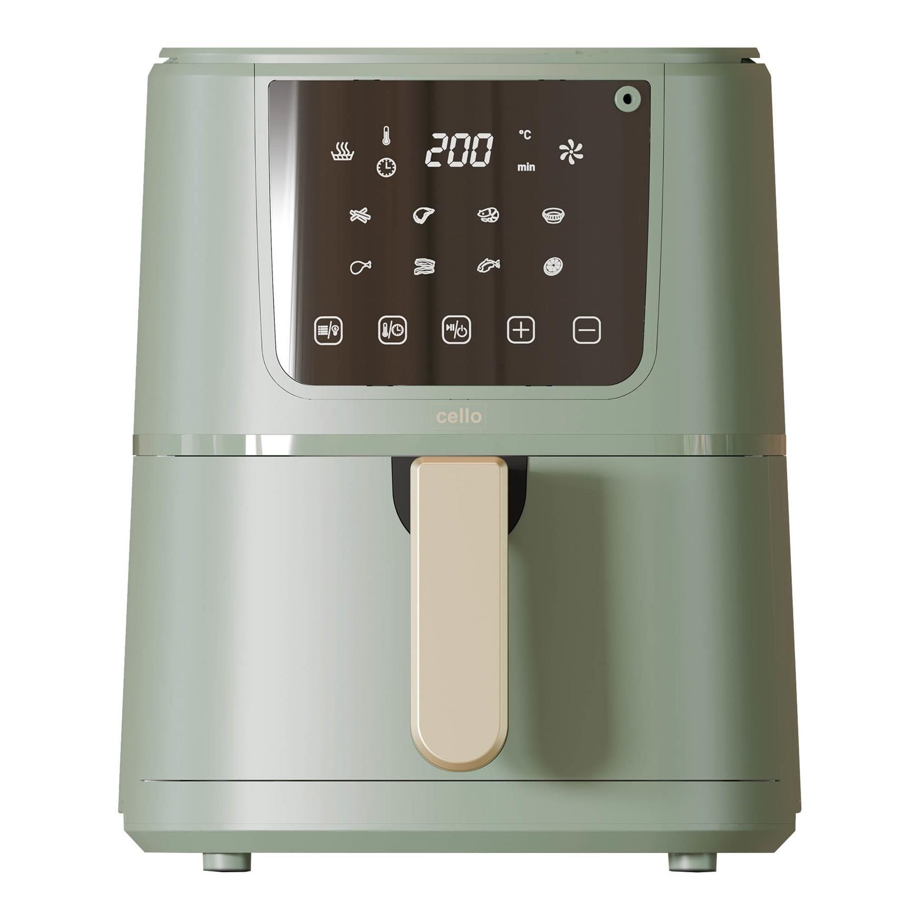 Green Cello Single Basket Airfryer with a digital display, thermometer feature, and a sleek design, featuring a cream-colored handle and various cooking icons.