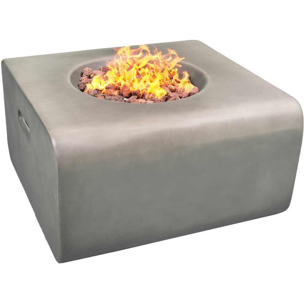Dark grey gas fire pit with a sleek, modern design, featuring an eco-stone finish and a central flame surrounded by decorative rocks. Fully assembled for outdoor use.