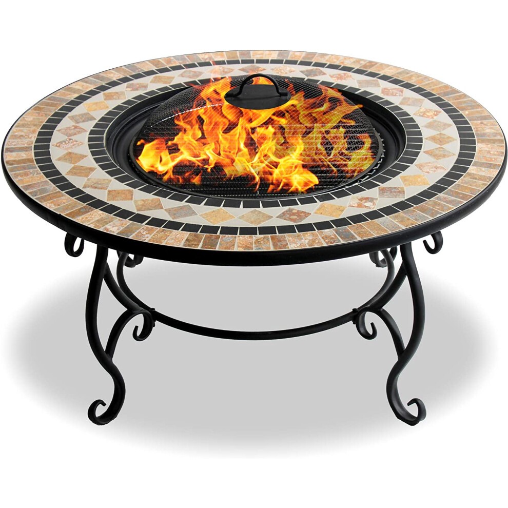 Round fire pit with a marble finish, featuring a decorative tile border, black metal legs, and a grill cover with flames visible, designed for outdoor use as a heater and barbecue.