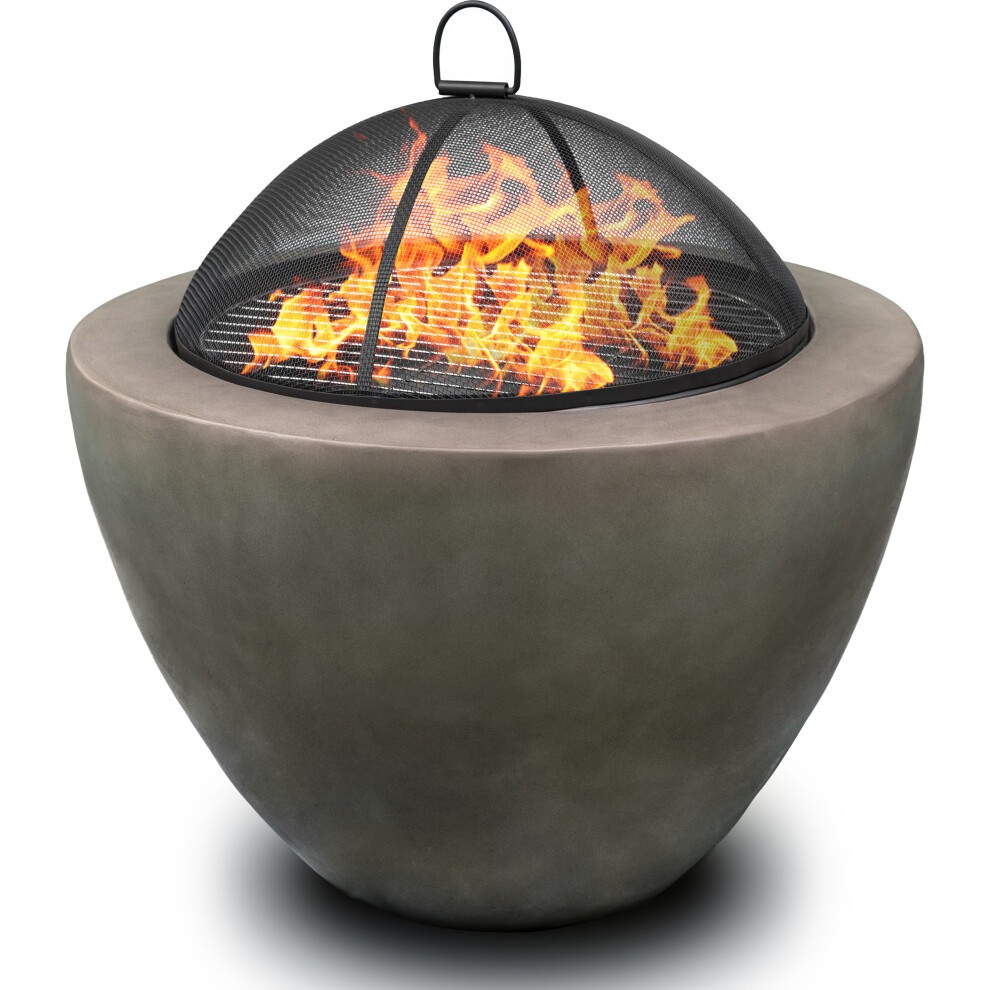 Dark grey contemporary garden fire pit with a rounded base, featuring a mesh dome cover and vibrant flames visible inside, designed for both heating and barbecuing.