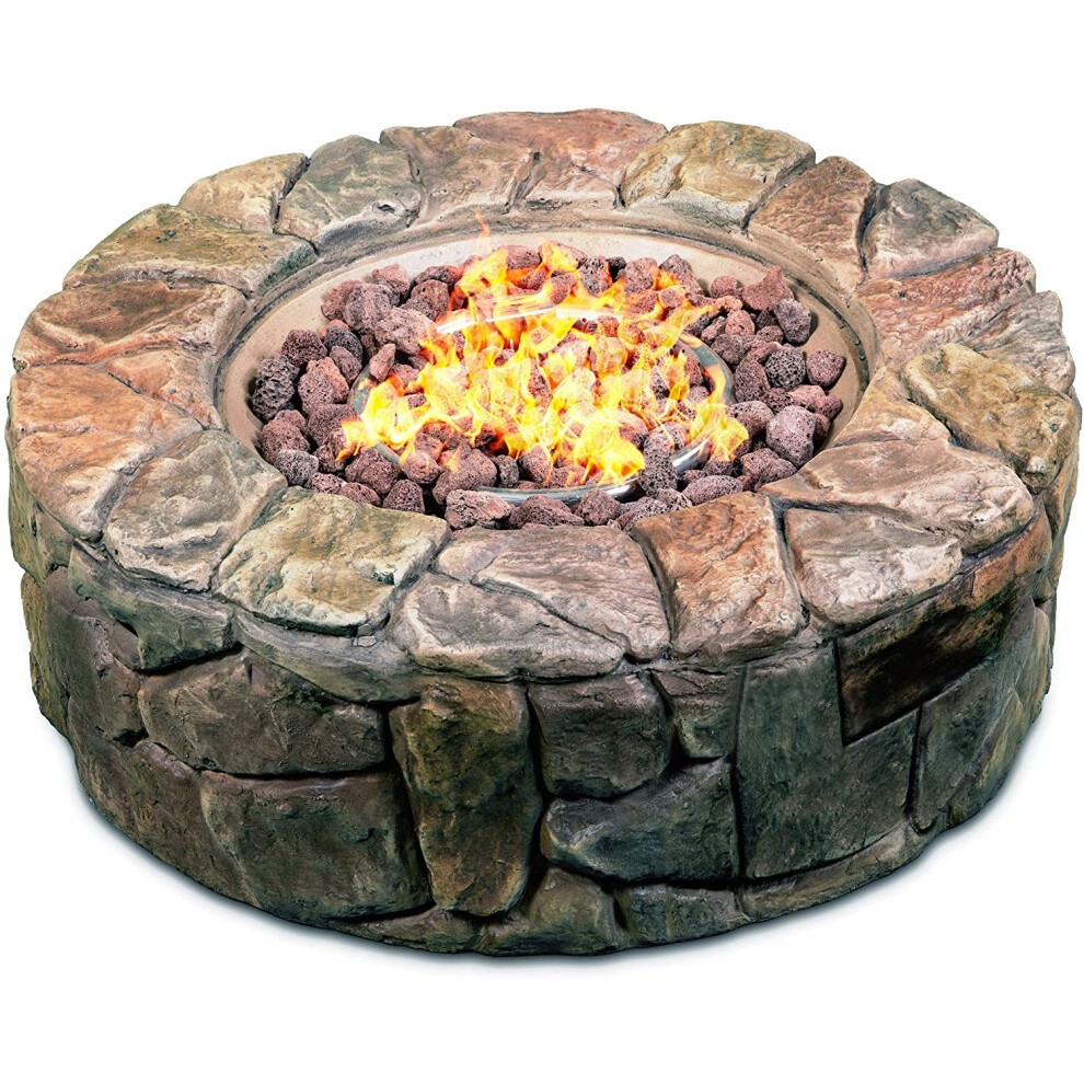 Bronze gas fire pit with an eco-stone finish, featuring a circular design and surrounded by decorative faux stones, filled with glowing lava rocks and flames.