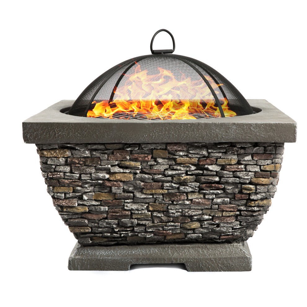 Stylish garden fire pit with an eco-stone finish, featuring a square design, mesh dome cover, and vibrant flames, perfect for outdoor heating and barbecuing.