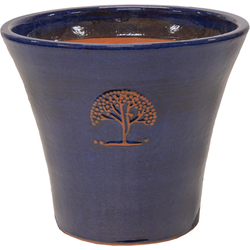 Blue ceramic pot planter with a tapered design, featuring a tree emblem, measuring 36 cm in diameter and 29 cm in height, suitable for stacking.