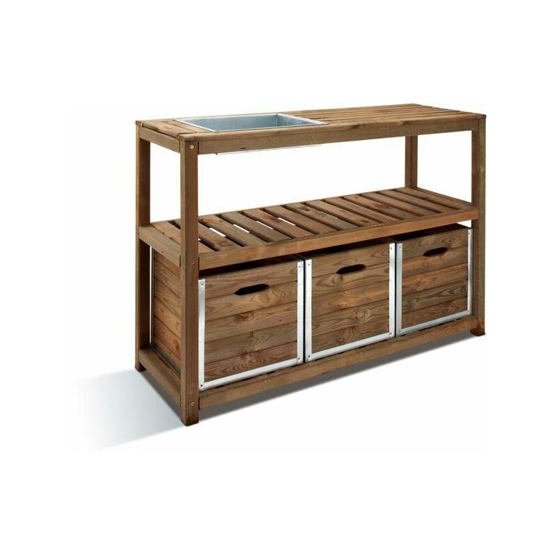 Brown wooden outdoor garden bar with a slatted top, metal sink, and three storage compartments featuring silver accents.