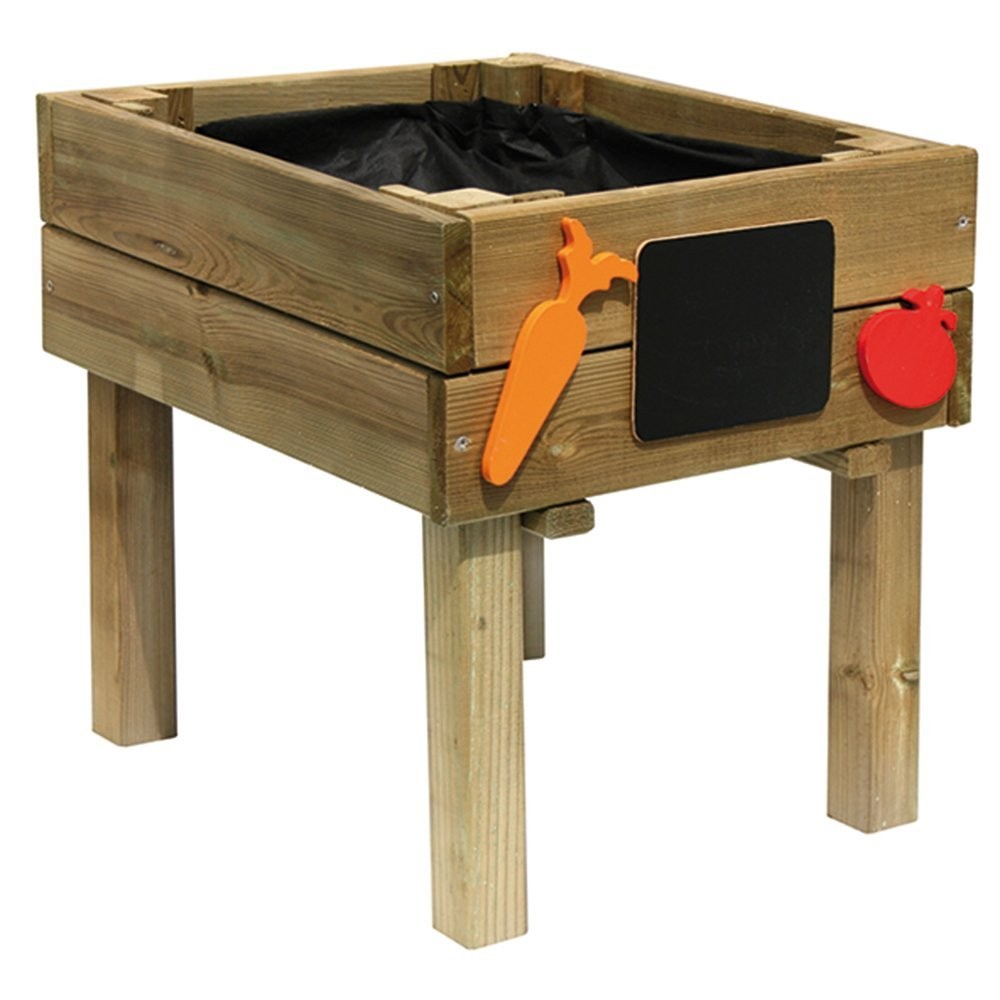 Brown wooden raised planter for children, featuring a black liner, an orange carrot-shaped decoration, a red tomato-shaped decoration, and a chalkboard for labeling plants.