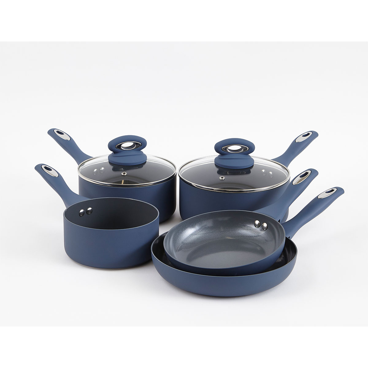 Cermalon Matt Blue 5-piece cookware set featuring a sleek matte blue finish, includes two pots with glass lids, a saucepan, and a frying pan with ergonomic handles.