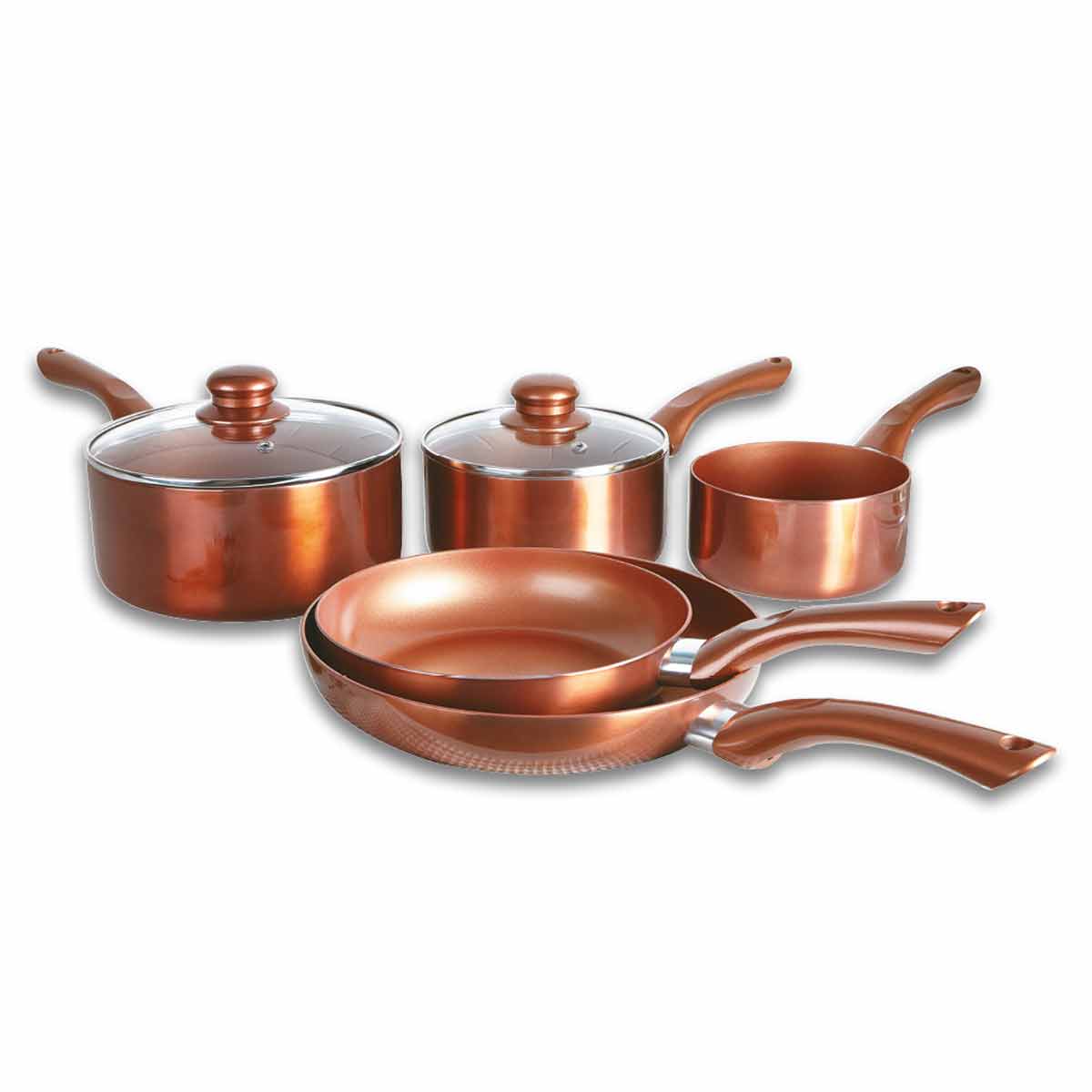 Five-piece cookware set in metallic copper and brown, featuring two frying pans, a saucepan with a lid, and a smaller pot, all with sleek handles and a shiny finish.