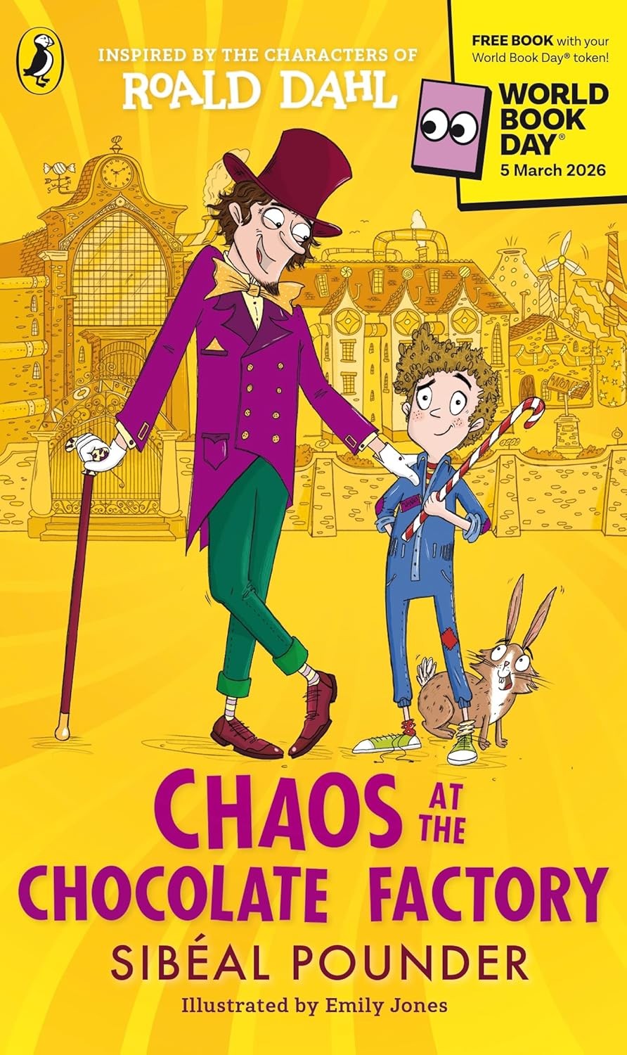 Bright yellow paperback cover featuring whimsical illustrations of a man in a top hat and a boy holding a cane, with a rabbit, set against a colorful chocolate factory backdrop.