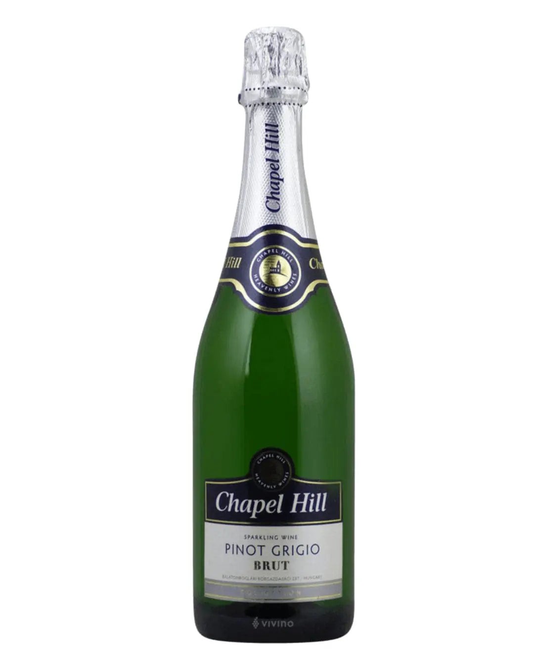 Green glass bottle of Chapel Hill Pinot Grigio Sparkling wine, featuring a silver foil cap, blue and gold label with "Brut" and "75 Cl" text.