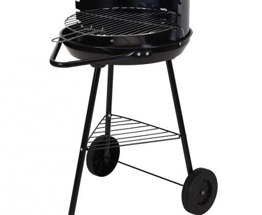 Black round grill on wheels, measuring 45 x 70 cm, featuring a sturdy metal frame, a wire cooking grate, and a lower shelf for storage.