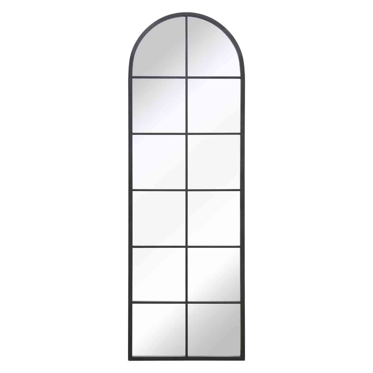 Black arch window-style mirror with a weather-resistant frame, featuring a grid design of rectangular panes, perfect for outdoor or indoor use.
