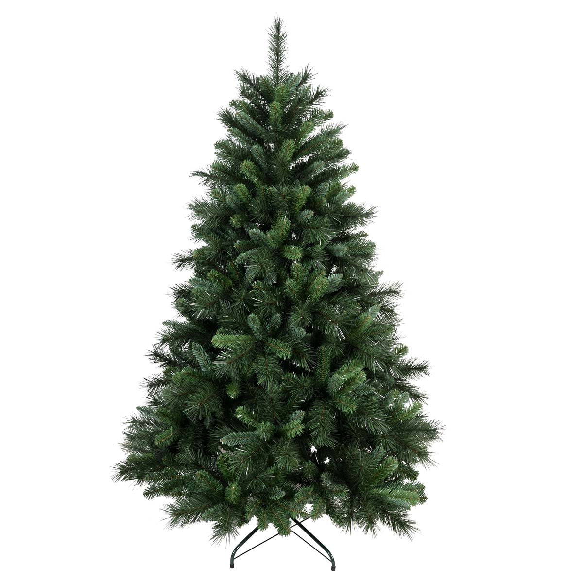 6ft green faux hinged Christmas tree with a full, bushy appearance and a sturdy black metal stand, designed for easy assembly and a festive look.