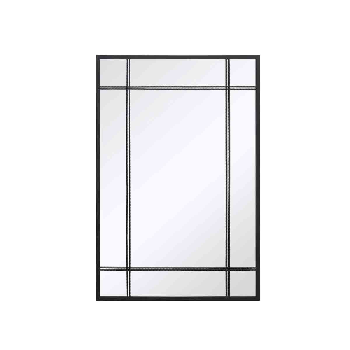 Rectangular black wall-mounted mirror with a shatterproof design, featuring a sleek iron frame and weather-resistant finish, suitable for indoor and outdoor use.